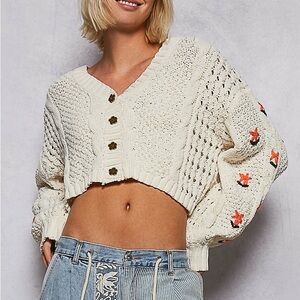POL Bohemian Cream Chenille Embroidered Flower Cardigan Sweater S M L